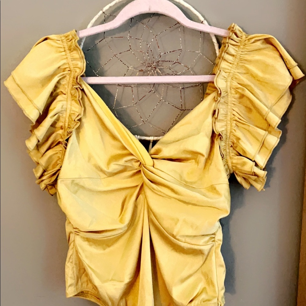 Buttery Gold Satin Ruffled Thong Bodysuit - Purchased from Vici